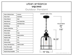 Urban Ambiance - Pendant - UQL1943 Coastal Outdoor Pendant, 16.25''H x 10''W x 10''D, Earth Black Finish, Lausanne Collection - 