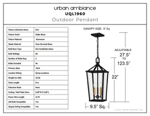 Urban Ambiance - Pendant - UQL1960 Urban Loft Outdoor Pendant, 22''H x 9.5''W x 9.5''D, Matte Black Finish, Ulm Collection - 