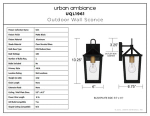 Urban Ambiance - Wall Sconce - UQL1961 Urban Loft Outdoor Wall Sconce, 13.25''H x 6''W x 6.75''D, Matte Black Finish, Ulm Collection - 