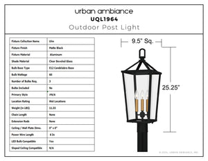 Urban Ambiance - Post Light - UQL1964 Urban Loft Outdoor Post Light, 25.25''H x 9.5''W x 9.5''D, Matte Black Finish, Ulm Collection - 