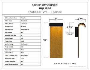 Urban Ambiance - Wall Sconce - UQL1980 Contemporary Outdoor Wall Sconce, 16''H x 6''W x 4.75''D, Matte Black Finish, Mayville Collection - 