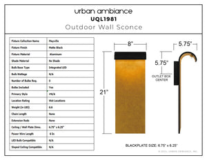 Urban Ambiance - Wall Sconce - UQL1981 Contemporary Outdoor Wall Sconce, 21''H x 8''W x 5.75''D, Matte Black Finish, Mayville Collection - 