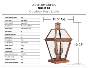 Urban Ambiance - Post Light - UQL1990 Vintage Outdoor Post Light, 19.25''H x 10.5''W x 10.5''D, Aged Copper Finish, Paris Collection - 
