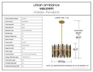 Urban Ambiance - Pendant - UQL22031 Art Deco Indoor Pendant, 18.5''H x 30''W x 30''Dep, Brushed Gold Finish, Zorstead Collection - 