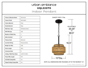 Urban Ambiance - Pendant - UQL22070 Bohemian Indoor Pendant, 16.5''H x 10''W x 10''Dep, Matte Black Finish, Oakminster Collection - 