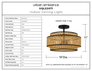 Urban Ambiance - Ceiling Light - UQL22071 Bohemian Indoor Ceiling Light, 11''H x 16''W x 16''Dep, Matte Black Finish, Oakminster Collection - 
