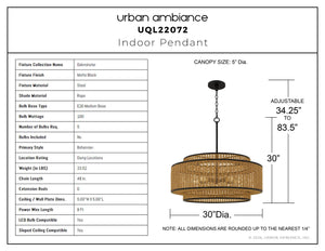 Urban Ambiance - Pendant - UQL22072 Bohemian Indoor Pendant, 30''H x 30''W x 30''Dep, Matte Black Finish, Oakminster Collection - 
