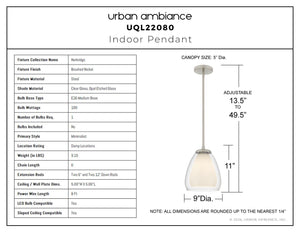 Urban Ambiance - Pendant - UQL22080 Minimalist Indoor Pendant, 11''H x 9''W x 9''Dep, Brushed Nickel Finish, Norbridge Collection - 