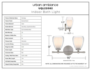 Urban Ambiance - Bath Light - UQL22082 Minimalist Indoor Bath Light, 9''H x 16''W x 6.5''Dep, Brushed Nickel Finish, Norbridge Collection - 