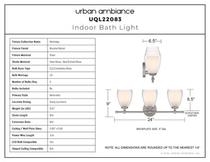 Urban Ambiance - Bath Light - UQL22083 Minimalist Indoor Bath Light, 9''H x 24''W x 6.5''Dep, Brushed Nickel Finish, Norbridge Collection - 