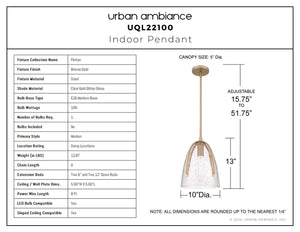 Urban Ambiance - Pendant - UQL22100 Modern Indoor Pendant, 13''H x 10''W x 10''Dep, Bronze Gold Finish, Flinton Collection - 