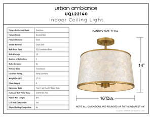 Urban Ambiance - Ceiling Light - UQL22140 Transitional Indoor Ceiling Light, 14''H x 16''W x 16''Dep, Brushed Gold Finish, Evershaw Collection - 