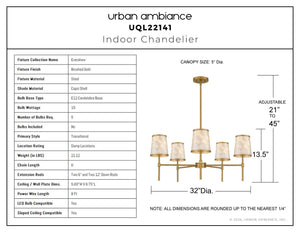 Urban Ambiance - Chandelier - UQL22141 Transitional Indoor Chandelier, 13.5''H x 32''W x 32''Dep, Brushed Gold Finish, Evershaw Collection - 
