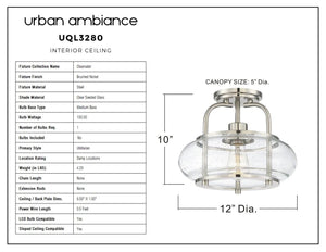 The Urban Ambiance UQL3280 Utilitarian Ceiling Light from the Clearwater Collection features a brushed nickel finish, measures 10 inches in height by 12 inches in width, and includes a 5-inch canopy; product specifications are listed on the left side.