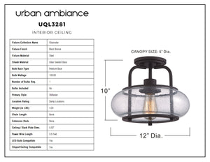The UQL3281 Utilitarian Ceiling Light by Urban Ambiance, part of the Clearwater Collection, measures 10