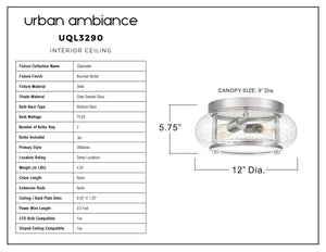 Featuring a brushed nickel finish, the Urban Ambiance UQL3290 Utilitarian Ceiling Light from the Clearwater Collection showcases clear seeded glass in a modern farmhouse style. The fixture measures 12 inches wide by 5.75 inches high, with a 9-inch canopy size. A specification table is shown on the left.