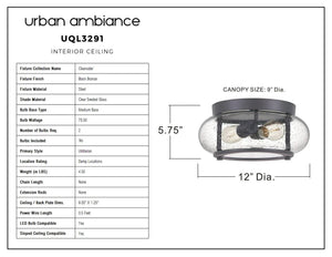 Explore the UQL3291 Utilitarian Ceiling Light from Urban Ambiance's Clearwater Collection. It boasts a dark bronze finish with clear seedy glass shades, measures 5.75