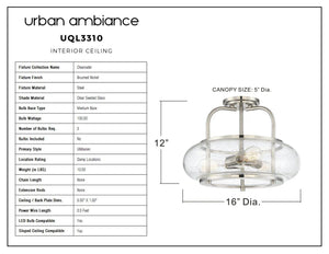 The Urban Ambiance UQL3310 Utilitarian Ceiling Light from the Clearwater Collection features a brushed nickel finish and measures 12 inches high by 16 inches wide. Designed for interior use, this elegant ceiling light with its clear seeded glass shade is perfect for adding a subtle coastal touch to any room.