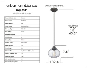 Urban Ambiance's UQL3321 Utilitarian Pendant Light features a dark bronze finish and clear seeded glass shade, with an adjustable height of 7.5