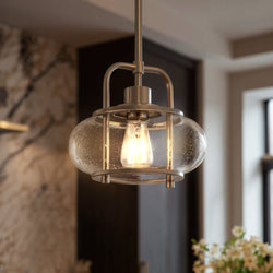 Urban Ambiance - Pendant Light - UQL3330 Utilitarian Pendant Light, 9.5"H x 10"W, Brushed Nickel Finish, Clearwater Collection - 