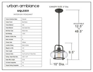 Diagram of the Urban Ambiance UQL3331 Utilitarian Pendant Light from the Clearwater Collection: Nautical aesthetics with dimensions, bulb type, material, adjustable height; features oversized clear seedy glass shades and a product specification table on the left. Dark Bronze Finish, 9.5