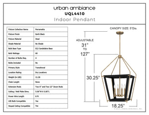 Urban Ambiance - Pendant - UQL4410 Transitional Indoor Pendant, 30.25''H x 18.25''W x 18.25''D, Earth Black Finish, Parramatta Collection - 