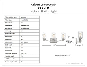 Urban Ambiance - Bath Light - UQL4421 Classic Indoor Bath Light, 9.00''H x 21.50''W x 6.50''D, Brushed Nickel Finish, Ravensburg Collection - 