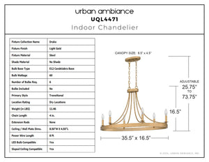 Urban Ambiance - Chandelier - UQL4471 Transitional Indoor Chandelier, 21.00''H x 35.50''W x 16.50''D, Light Gold Finish, Drake Collection - 