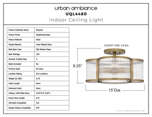 Urban Ambiance - Ceiling Light - UQL4480 Art Deco Indoor Ceiling Light, 8.25''H x 15.00''W x 15.00''D, Weathered Brass Finish, Royston Collection - 