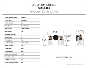Urban Ambiance - Bath Light - UQL4521 Coastal Indoor Bath Light, 9.25''H x 14.50''W x 5.75''D, Matte Black Finish, Lancaster Collection - 