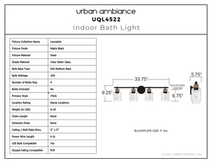 Urban Ambiance - Bath Light - UQL4522 Coastal Indoor Bath Light, 9.25''H x 33.75''W x 5.75''D, Matte Black Finish, Lancaster Collection - 
