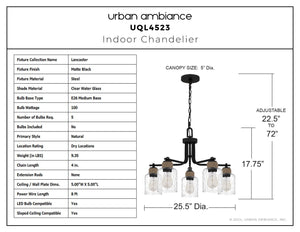 Urban Ambiance - Chandelier - UQL4523 Natural Indoor Chandelier, 17.75''H x 25.50''W x 25.50''D, Matte Black Finish, Lancaster Collection - 