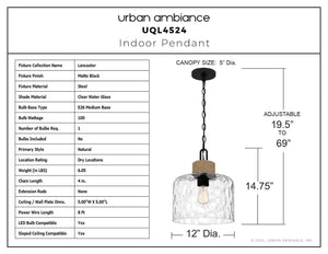 Urban Ambiance - Pendant - UQL4524 Natural Indoor Pendant, 14.75''H x 12.00''W x 12.00''D, Matte Black Finish, Lancaster Collection - 