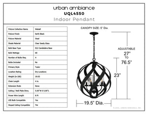Urban Ambiance - Pendant - UQL4550 Tudor Indoor Pendant, 23.00''H x 19.50''W x 19.50''D, Earth Black Finish, Walsall Collection - 
