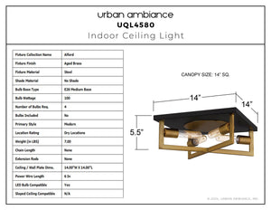 Urban Ambiance - Ceiling Light - UQL4580 Modern Indoor Ceiling Light, 5.50''H x 14.00''W x 14.00''D, Aged Brass Finish, Alford Collection - 