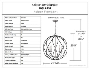 Urban Ambiance - Pendant - UQL4591 Traditional Indoor Pendant, 25.50''H x 24.00''W x 24.00''D, Antique Nickel Finish, Columbia Collection - 