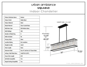Urban Ambiance - Chandelier - UQL4640 Glam Indoor Chandelier, 9.50''H x 38.00''W x 6.25''D, Matte Black Finish, Denton Collection - 