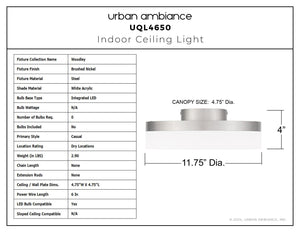 Urban Ambiance - Ceiling Light - UQL4650 Casual Indoor Ceiling Light, 4.00''H x 11.75''W x 11.75''D, Brushed Nickel Finish, Woodley Collection - 