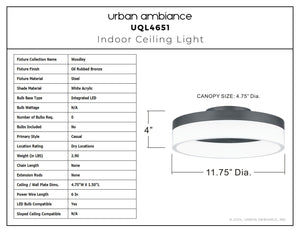 Urban Ambiance - Ceiling Light - UQL4651 Casual Indoor Ceiling Light, 4.00''H x 11.75''W x 11.75''D, Oil Rubbed Bronze Finish, Woodley Collection - 