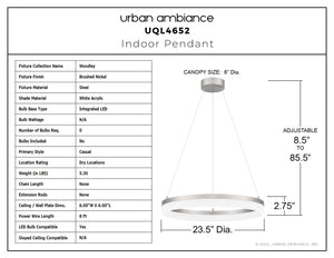 Urban Ambiance - Pendant - UQL4652 Casual Indoor Pendant, 2.75''H x 23.50''W x 23.50''D, Brushed Nickel Finish, Woodley Collection - 
