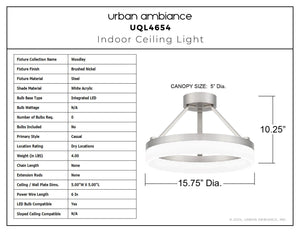 Urban Ambiance - Ceiling Light - UQL4654 Casual Indoor Ceiling Light, 10.25''H x 15.75''W x 15.75''D, Brushed Nickel Finish, Woodley Collection - 