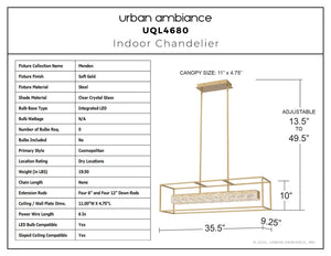 Urban Ambiance - Chandelier - UQL4680 Cosmopolitan Indoor Chandelier, 10.00''H x 35.50''W x 9.25''D, Soft Gold Finish, Menden Collection - 