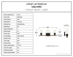 Urban Ambiance - Bath Light - UQL4692 Modern Farmhouse Indoor Bath Light, 8.50''H x 24.00''W x 5.75''D, Matte Black Finish, Towner Collection - 