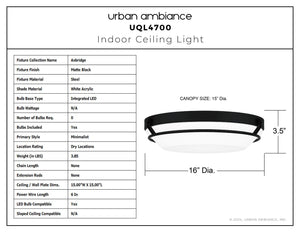 Urban Ambiance - Ceiling Light - UQL4700 Minimalist Indoor Ceiling Light, 3.50''H x 16.00''W x 16.00''D, Matte Black Finish, Axbridge Collection - 