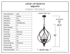 Urban Ambiance - Pendant - UQL4711 Mediterranean Indoor Pendant, 28.00''H x 16.25''W x 16.25''D, Old Bronze Finish, Cando Collection - 