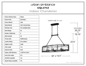 Urban Ambiance - Chandelier - UQL4743 Mediterranean Indoor Chandelier, 23.50''H x 39.00''W x 15.50''D, Earth Black Finish, Nantes Collection - 