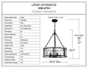 Urban Ambiance - Pendant - UQL4744 Mediterranean Indoor Pendant, 23.50''H x 20.50''W x 20.50''D, Earth Black Finish, Nantes Collection - 