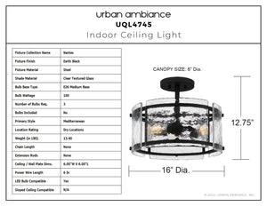 Urban Ambiance - Ceiling Light - UQL4745 Mediterranean Indoor Ceiling Light, 12.75''H x 16.00''W x 16.00''D, Earth Black Finish, Nantes Collection - 