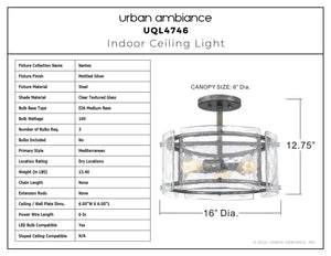 Urban Ambiance - Ceiling Light - UQL4746 Mediterranean Indoor Ceiling Light, 12.75''H x 16.00''W x 16.00''D, Mottled Silver Finish, Nantes Collection - 
