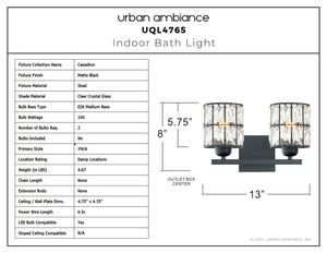 Urban Ambiance - Bath Light - UQL4765 Cosmopolitan Indoor Bath Light, 8.00''H x 13.00''W x 6.25''D, Matte Black Finish, Casselton Collection - 